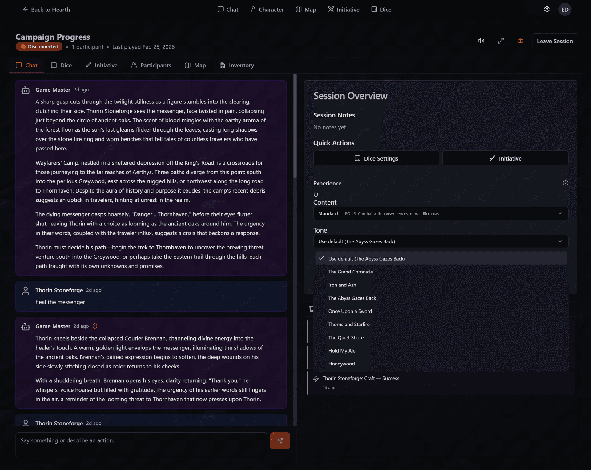 Adventure Type settings showing 8 narrative tones and content safety controls