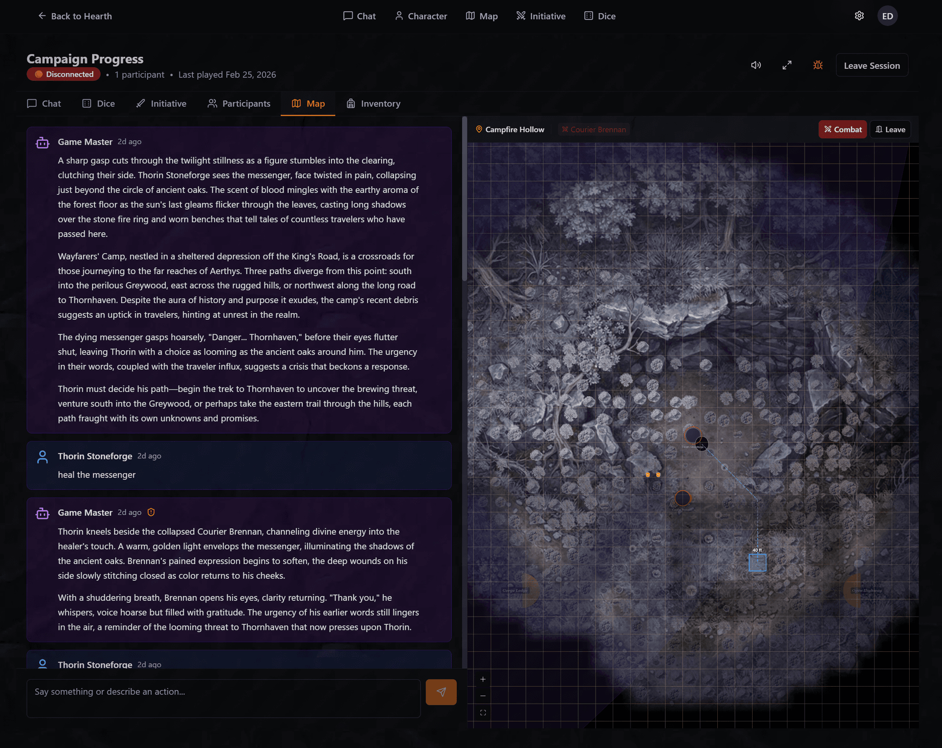 RoleForge combat mode — tactical grid with attack paths, distance calculations, cover objects, and fog of war