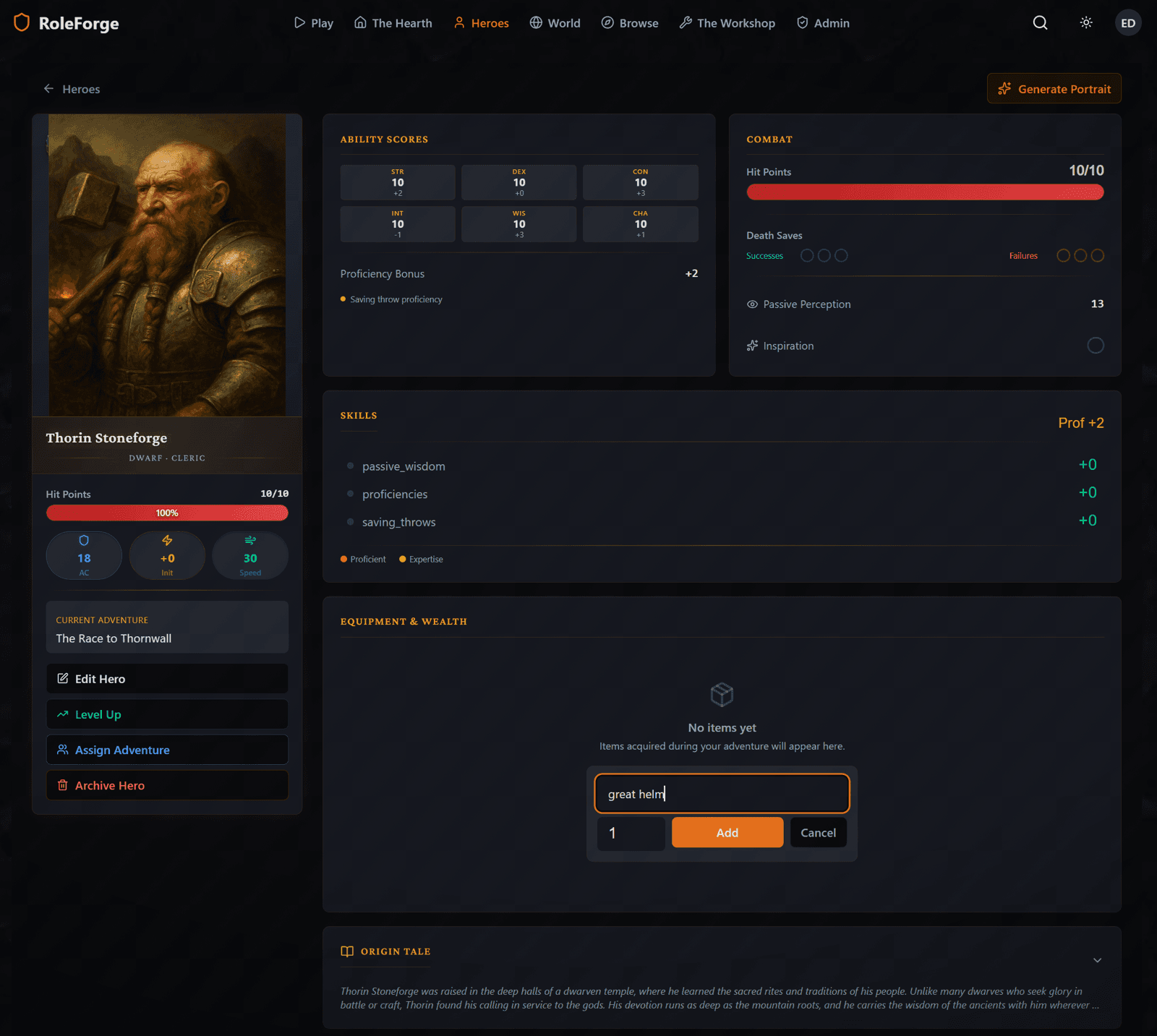 Hero Sheet showing character portrait, stats, abilities, skills, equipment, and origin tale