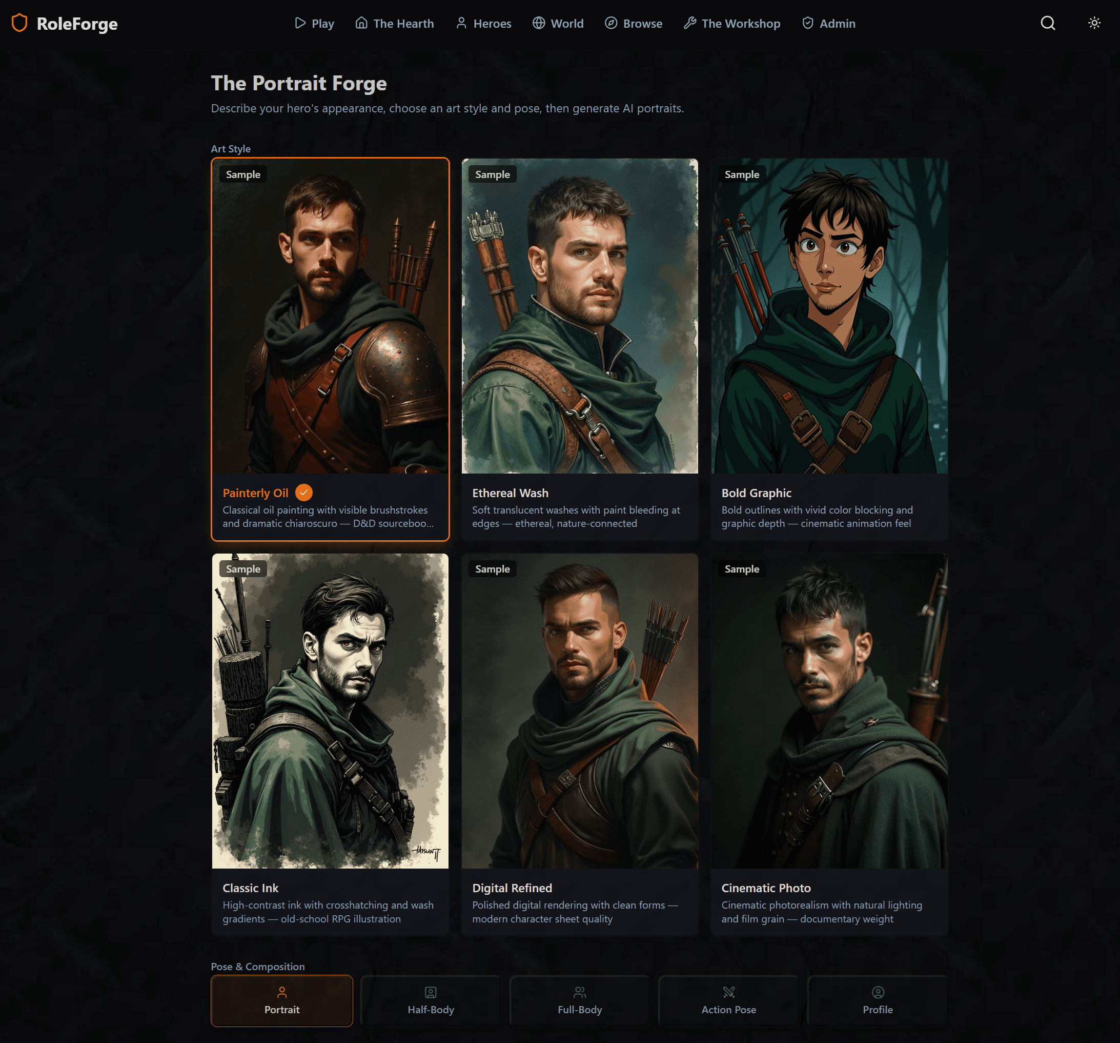 Portrait Forge — six art styles for hero character portraits in RoleForge