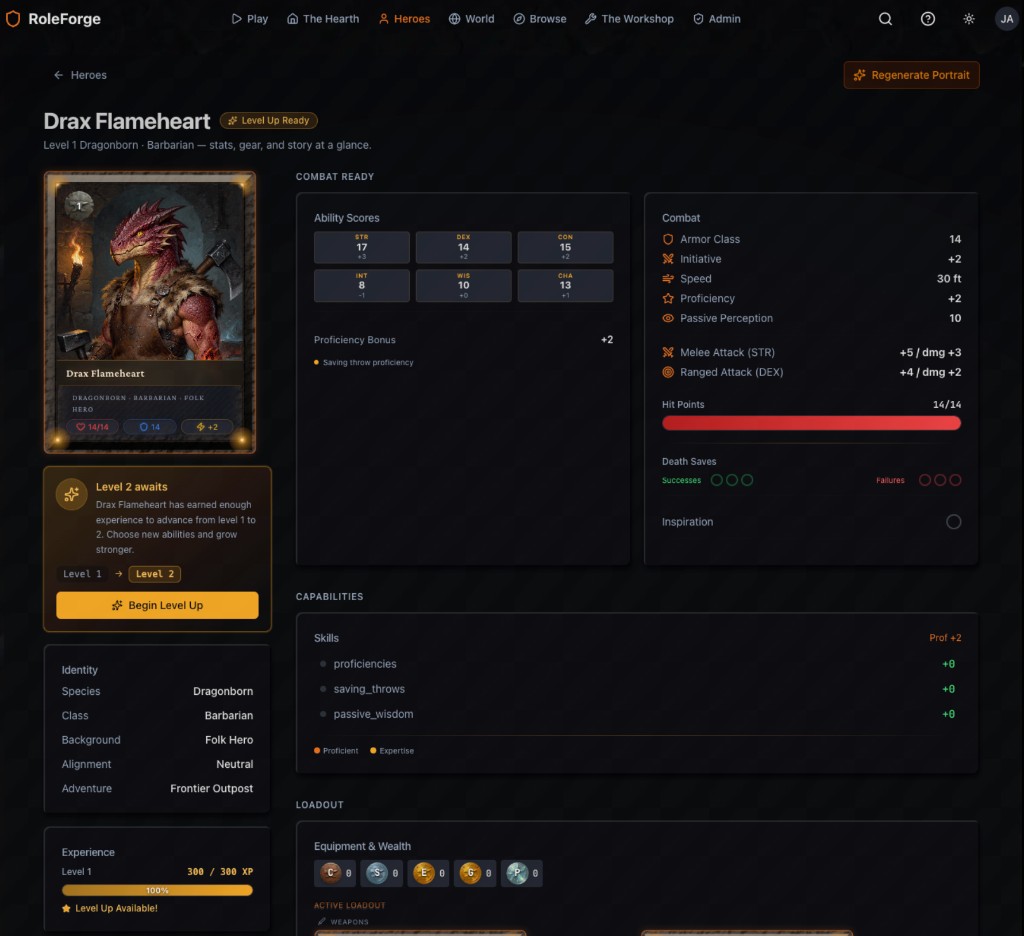 Drax Flameheart character sheet showing Level Up Ready badge, full XP bar, and Begin Level Up call-to-action