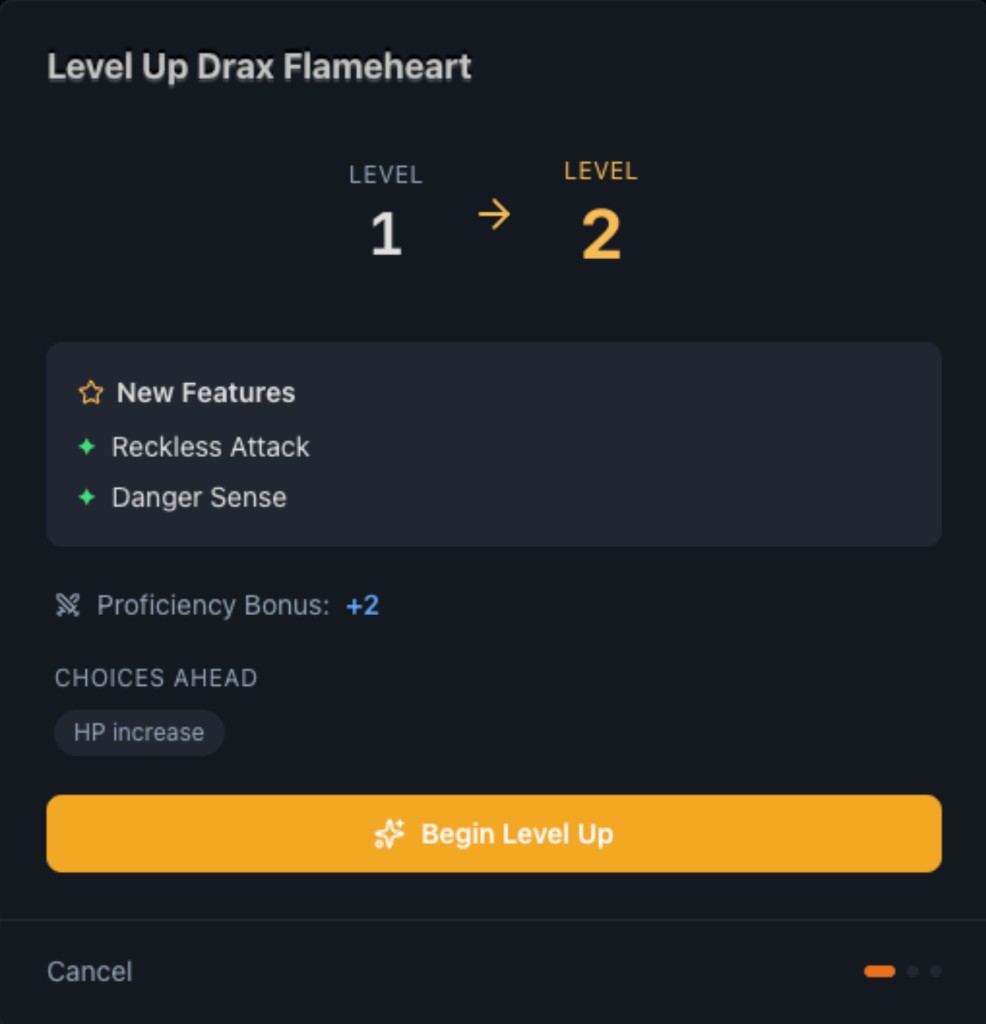 Level Up preview for Drax Flameheart — Level 1 to 2, Reckless Attack and Danger Sense, Begin Level Up