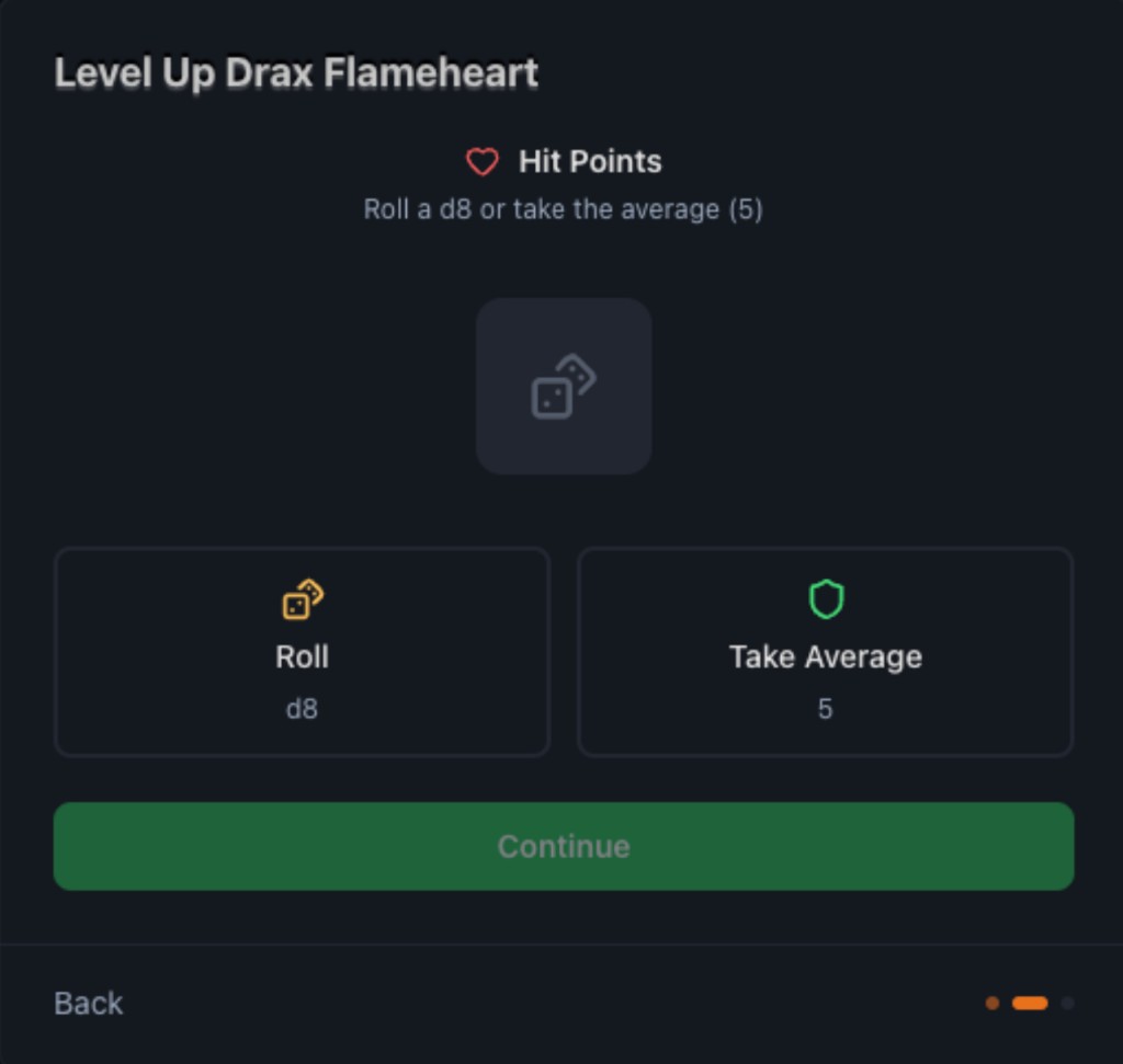 Hit Points step offering Roll d8 or Take Average 5