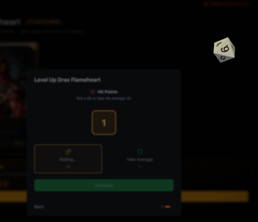 Hit Points step mid-roll with a d8 result animating