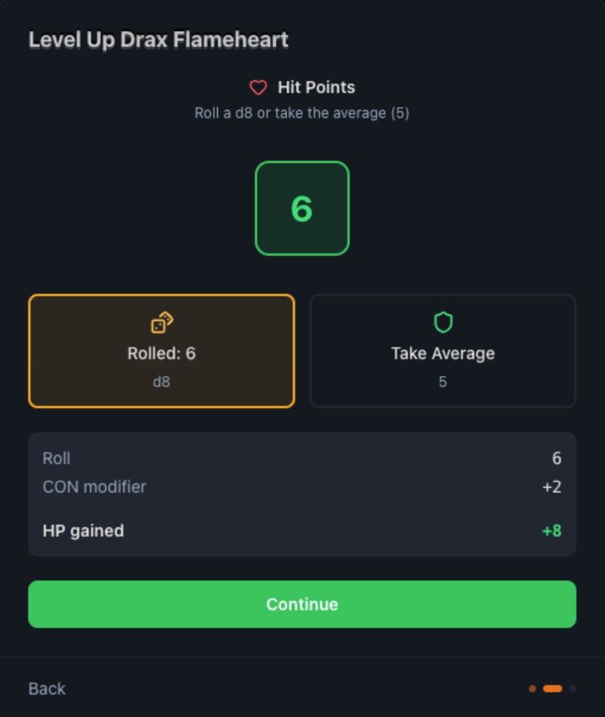 Hit Points result showing rolled 6, CON +2, and +8 HP gained