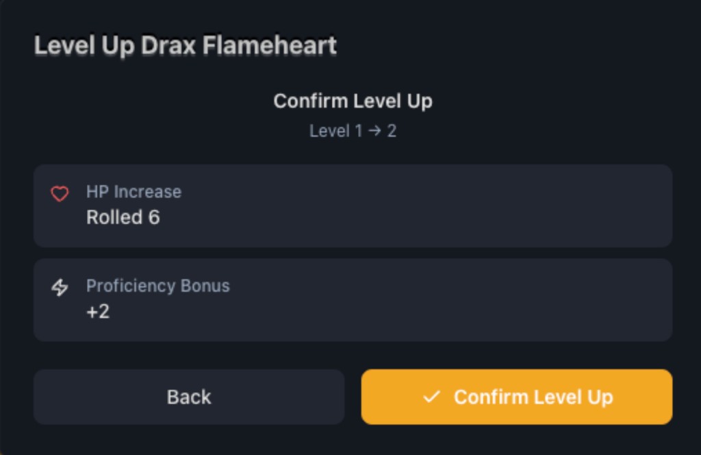 Confirm Level Up screen summarizing HP increase and proficiency for Level 1 to 2