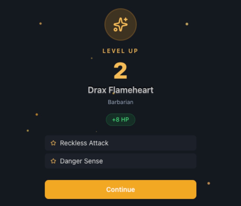 Level Up celebration screen for Drax Flameheart at Level 2 with +8 HP, Reckless Attack, and Danger Sense
