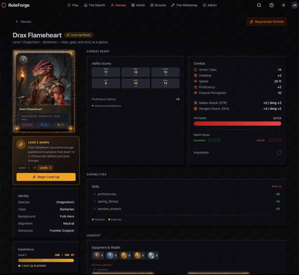 Drax Flameheart's character sheet with XP bar and live stats during an active adventure