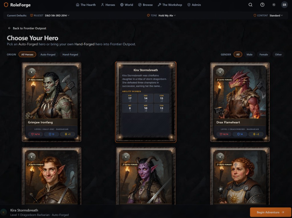 Choose Your Hero screen at Frontier Outpost — a grid of pre-built Auto-Forged hero cards with portraits and class labels
