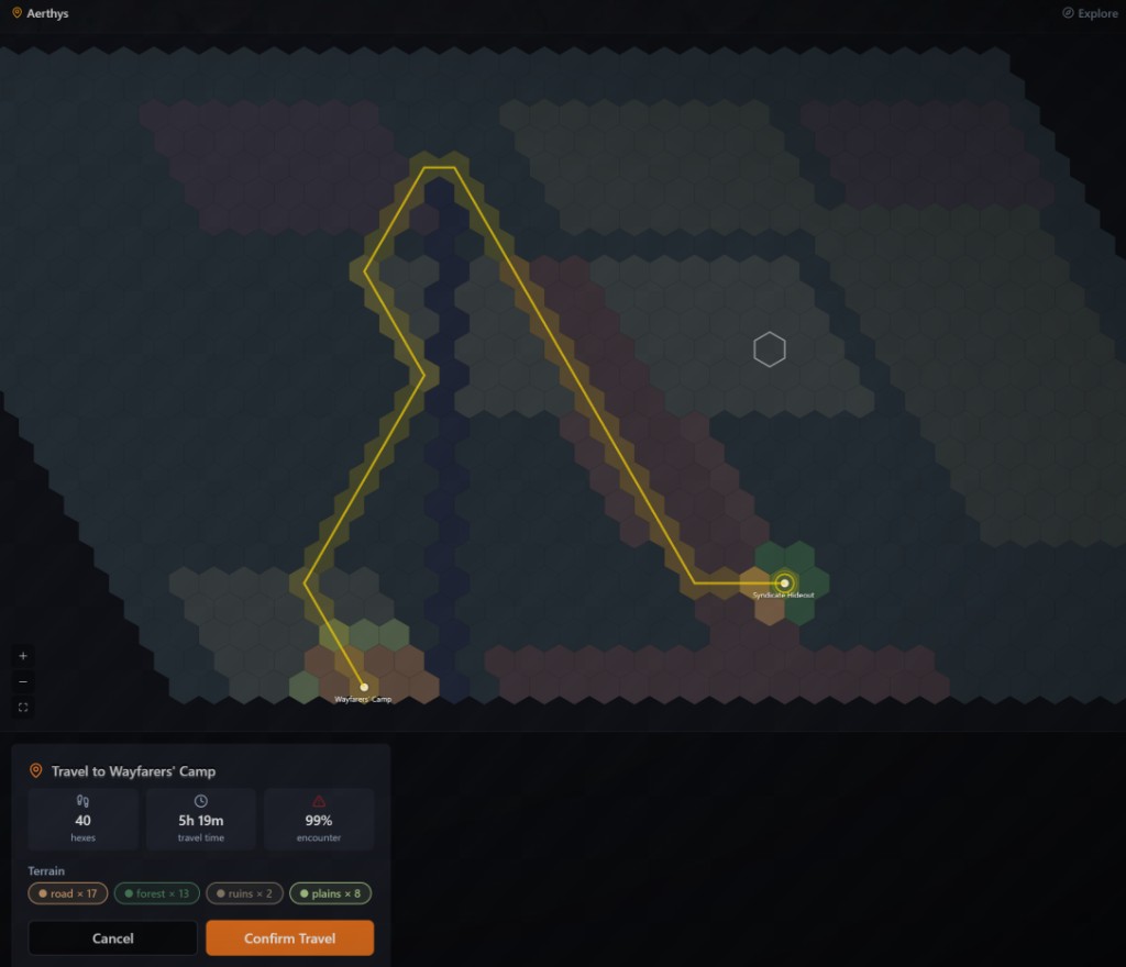 Hex overworld map with travel panel showing route from Syndicate Hideout to Wayfarers Camp
