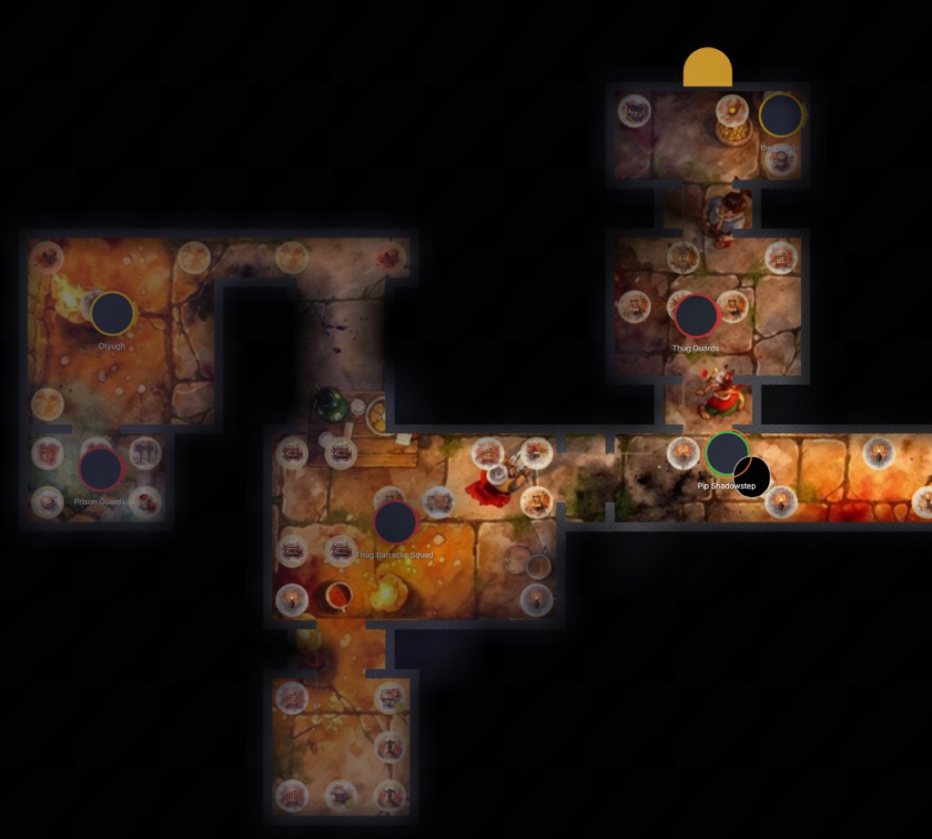 Indoor dungeon map with fog of war, standee tokens, and partially revealed corridors