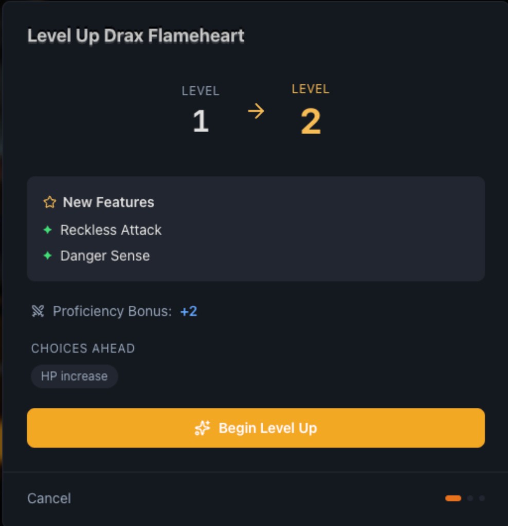 Level 2 summary modal for Drax Flameheart — new features, proficiency updates, and Begin Level Up