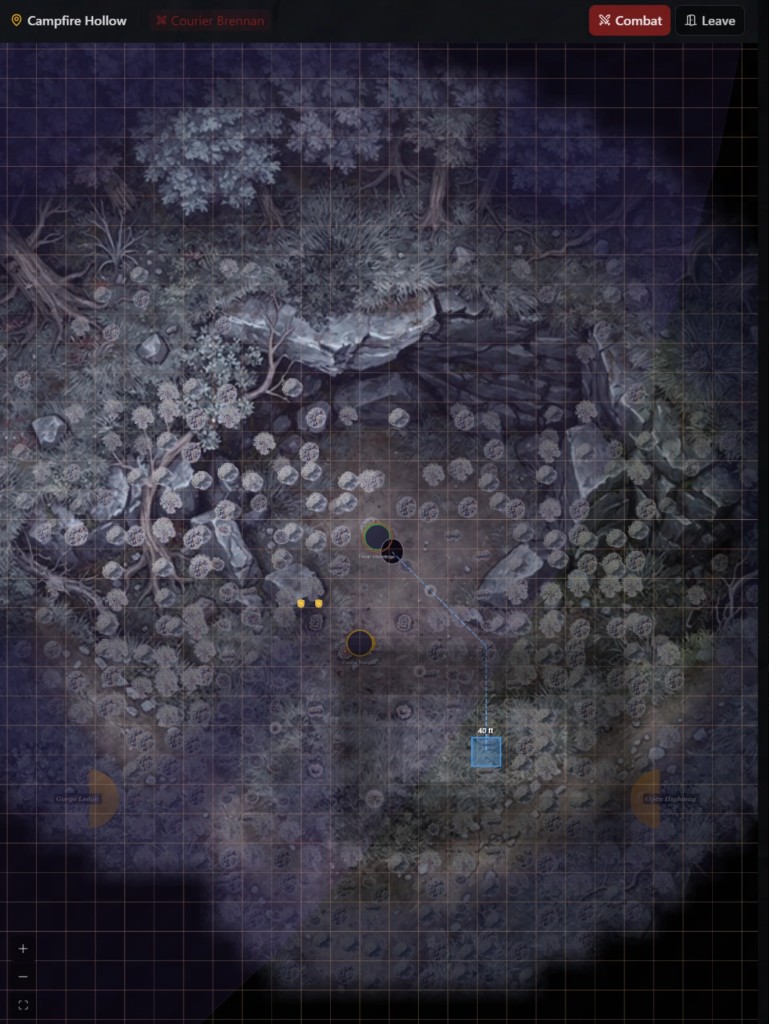 Outdoor tactical map at Campfire Hollow — fog of war, combat grid, and movement pathing visible