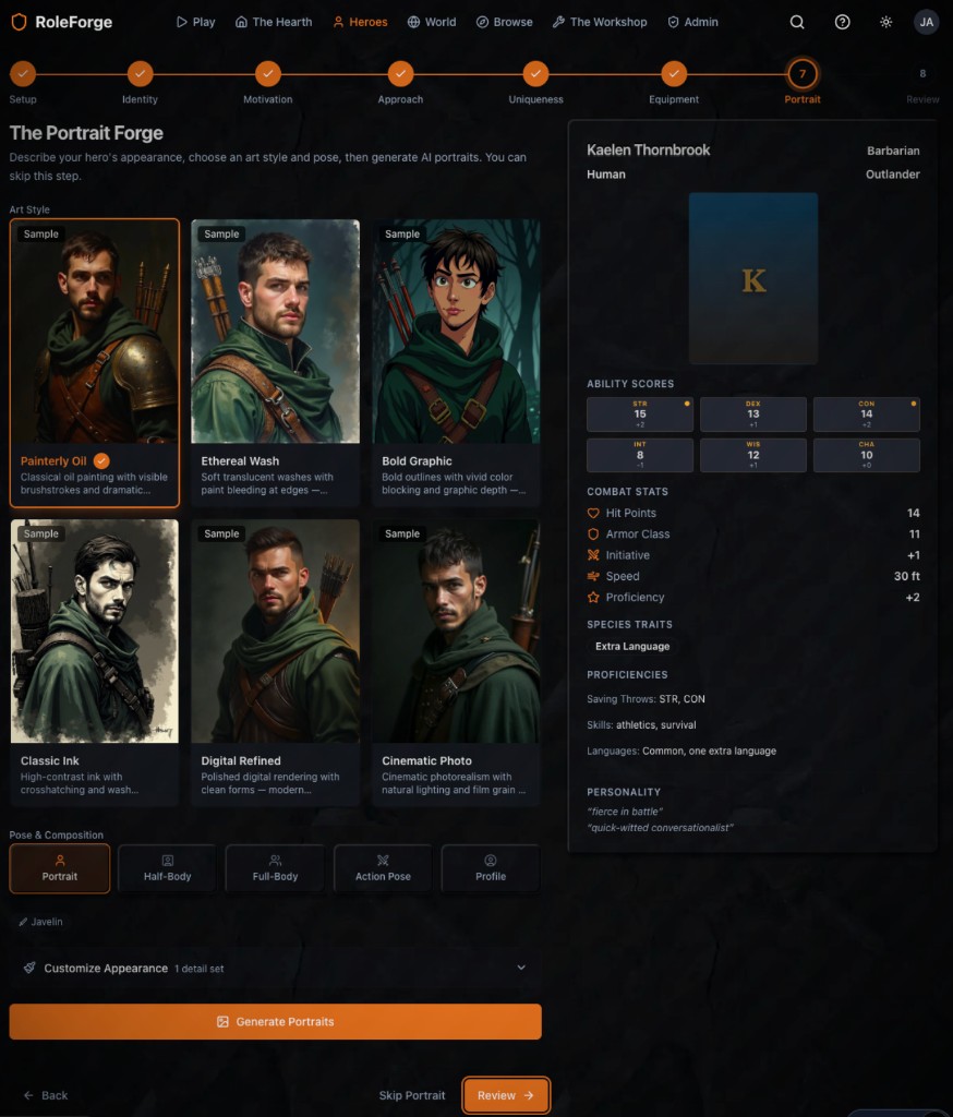 Portrait Forge step in the character creation wizard — art style presets and generated portrait for Kaelen Thornbrook